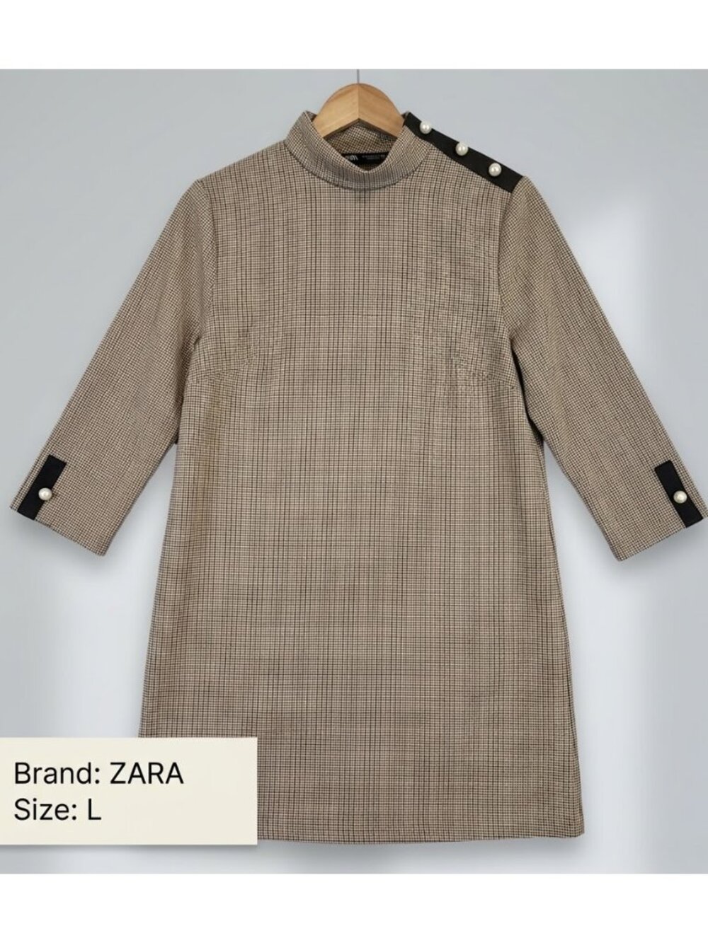Zara Brown Plaid Midi Dress with Pearl-Trim Shoulder